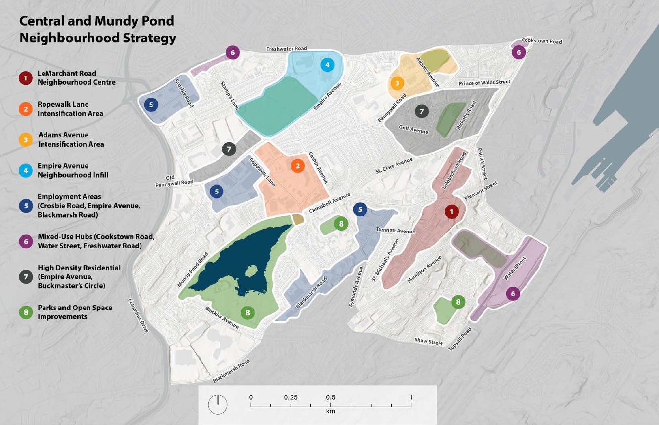 The neighbourhood strategy map for the Central and Mundy Pond neighbourhoods.