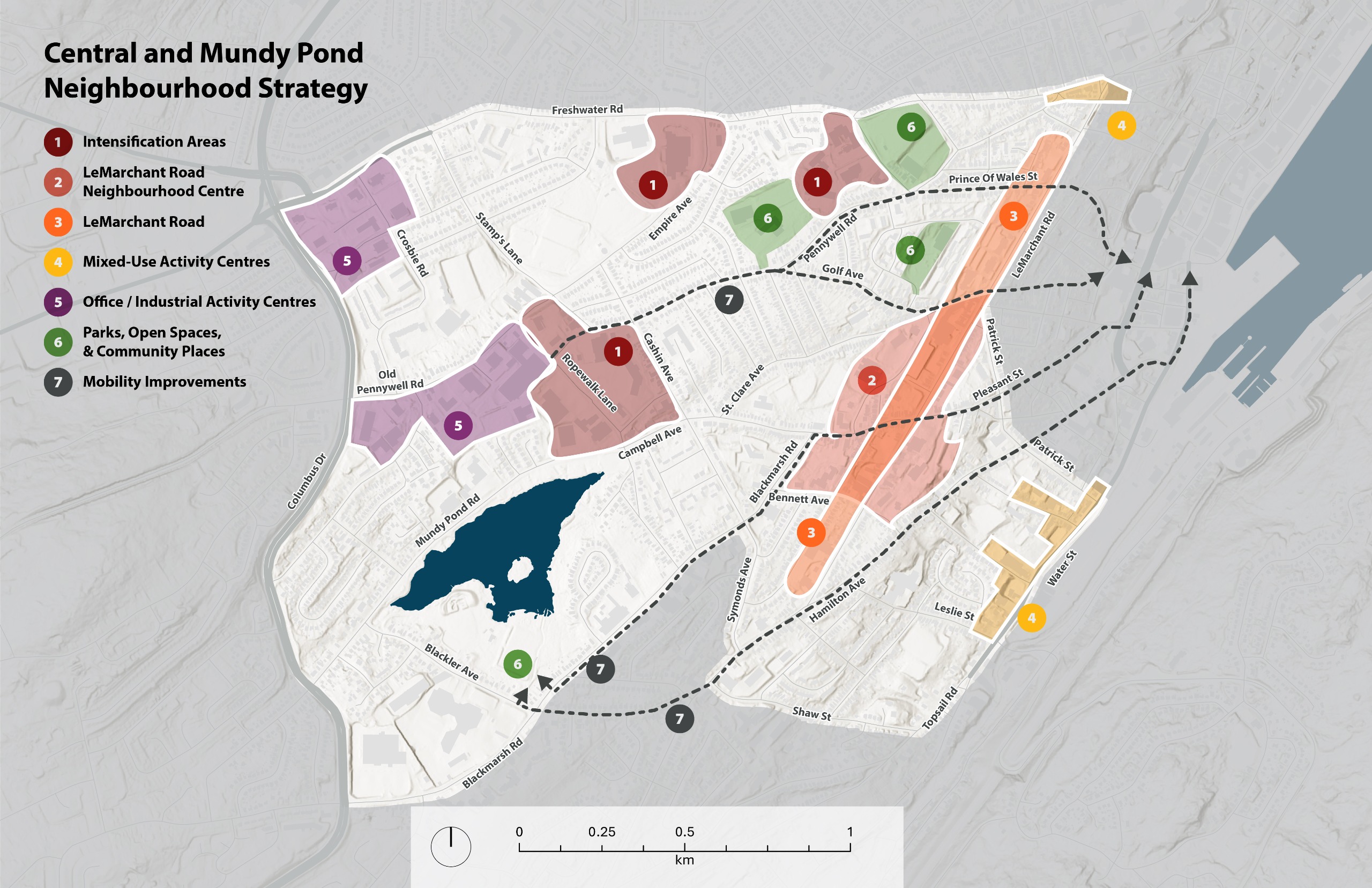 The proposed neighbourhood strategy map for the Central and Mundy Pond neighbourhoods.
