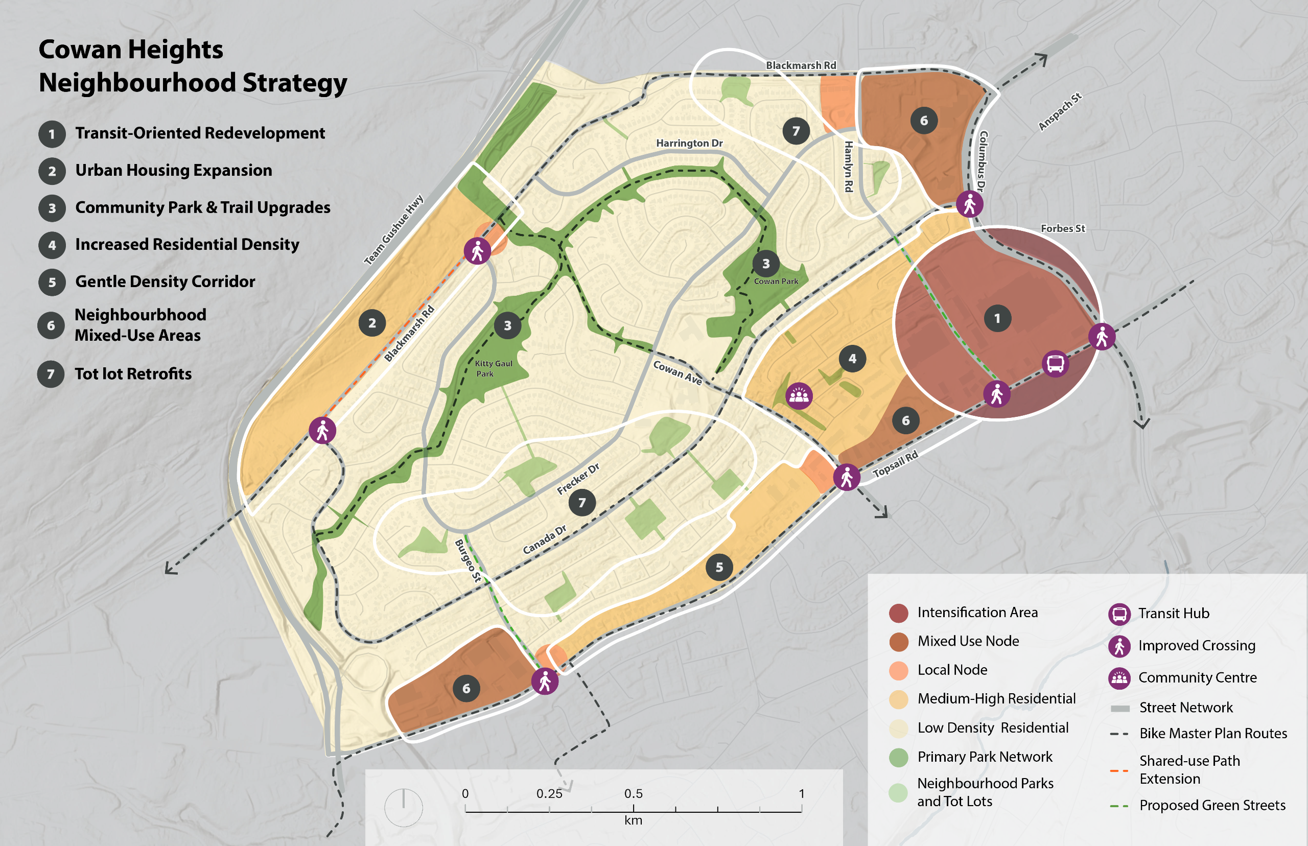 A map showing the Cowan Heights neighbourhood and key areas in the new neighbourhood strategy