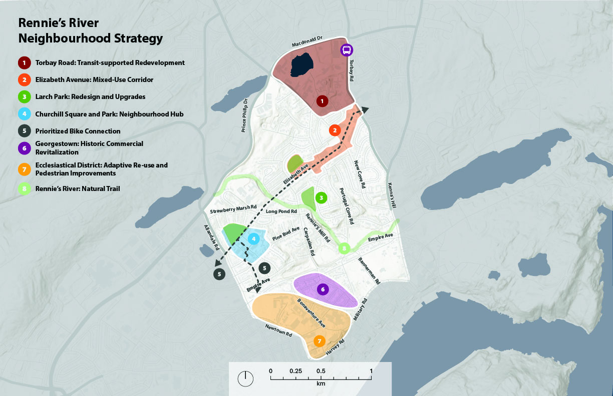 A map of the Rennie's River neighbourhood and proposed neighbourhood strategies.