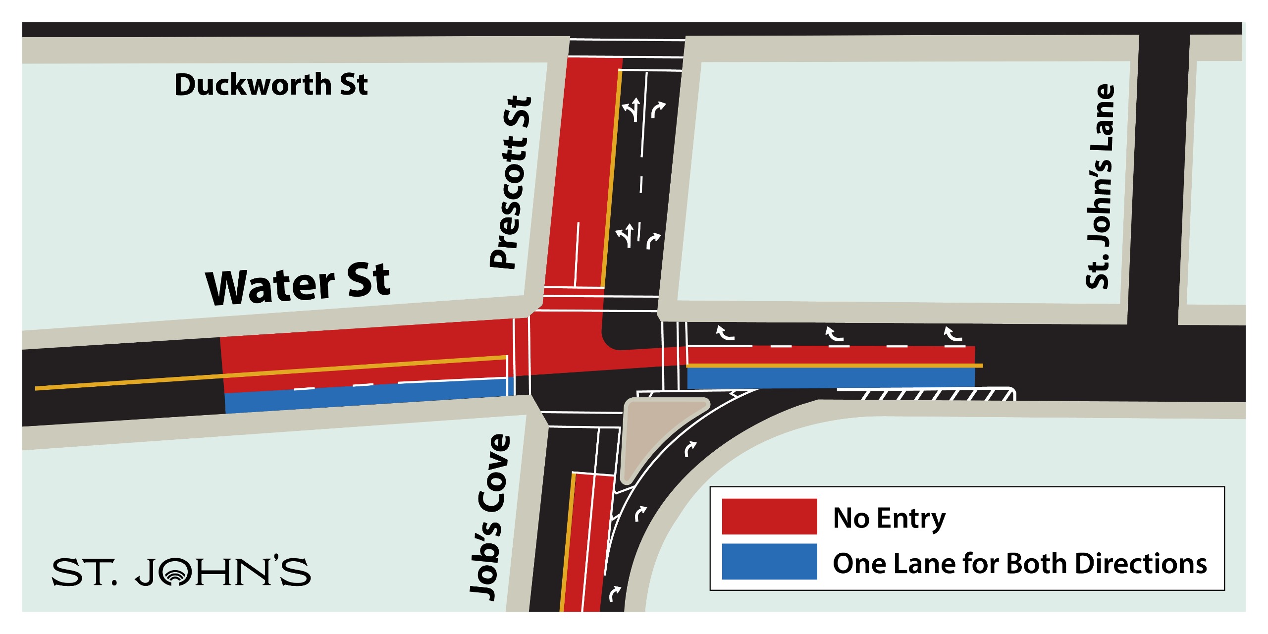 Graphic depicting disruptions at the intersection of Prescott Street and Water Street